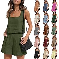 YUTANRAL Two Piece Outfits For Women 2023 Summer Casual Sleeveless Crop Tank Tops Vacation Wide Leg Shorts Linen Lounge Sets