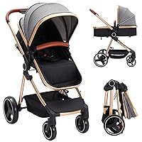 Convertible Baby Stroller, Foldable Pushchair, Newborn Reversible Bassinet Pram with Adjustable Canopy, Aluminum Structure, 5-Point Harness for Infant & Toddler