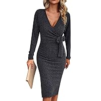 Dresses for Women Fall Winter Solid Color V-Neck Knitted Sweater Dress Slim Waist Tie Dresses