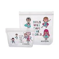 Full Circle Ziptuck Reusable Lunch Bag - Multi-Use Leak-Free Food-Safe Storage Bag, BPA-Free – Set of 2 Lunch Bags, Girl Heroes