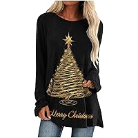 Womens Christmas Tunic Tops Dressy Casual Long Sleeve Top Round Neck Tee Shirts Trendy Christmas Tree Graphic Blouses
