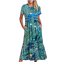 Women Summer Tie Dye Dresses Short Sleeve Ruffle Vacation A-Line Dress Casual Flowy Long Beach Dress with Pockets