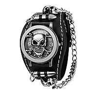 JewelryWe Men's Leather Skull Watches: Analogue Quartz Wristwatch Gothic Punk Skull Case Bullet Curb Chain Watch with Wide Leather Strap