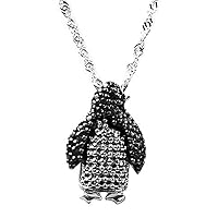 0.005ctw Black Diamond & Solid 925 Silve Penguin Pendant Necklace, 18''