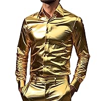 Mens Dress Shirt 70s Disco Shiny Metallic Gold Silver Long Sleeve Button Down Shirt Luxury Disco Party Nightclub