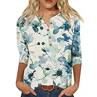 3/4 Length Sleeve Womens Tops 2024 Casual Trendy Print Loose Fit with Henry Collar Oversized Tunic Shirts