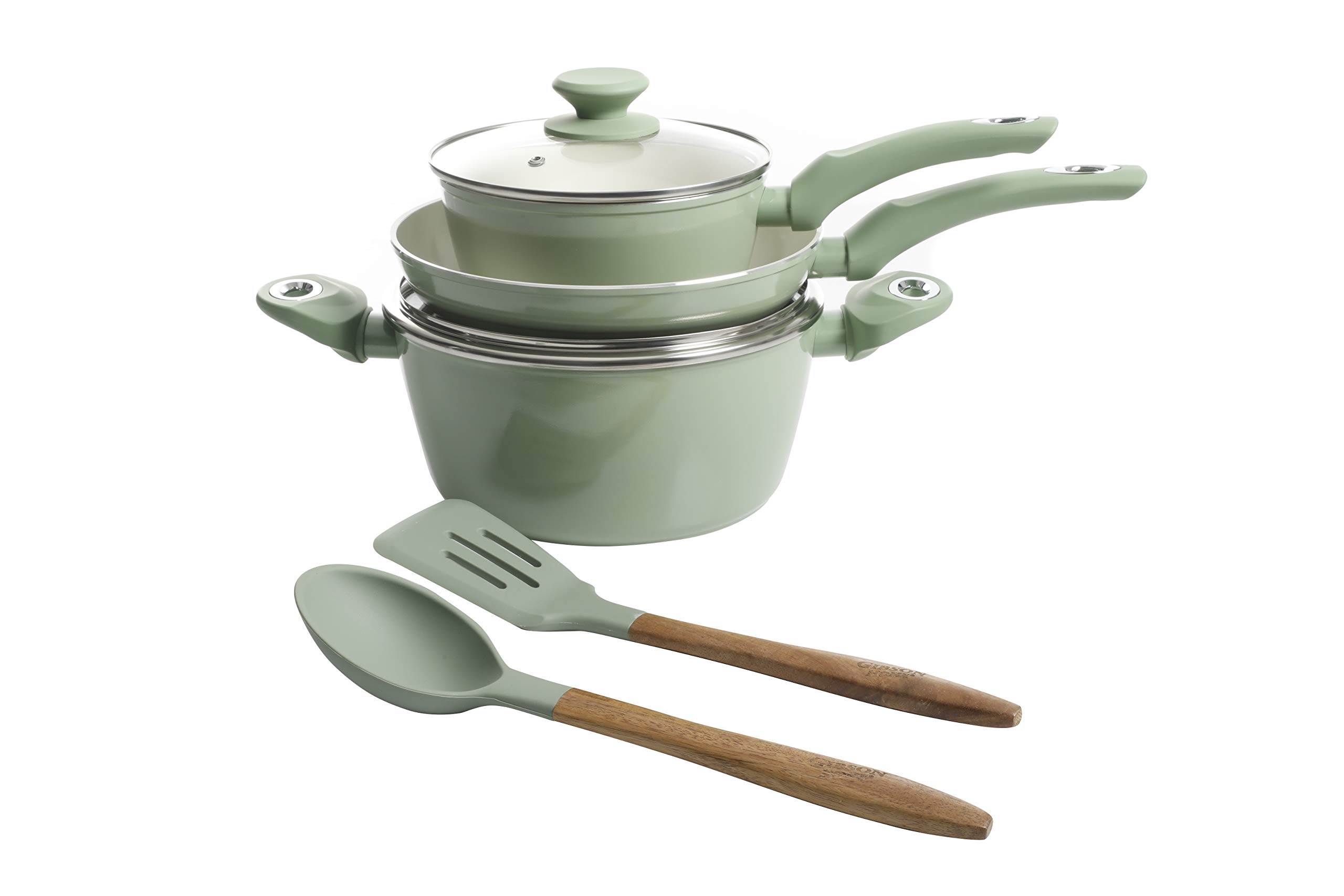 Gibson Home Plaze Café' Forged Aluminum Non-stick Ceramic Cookware with Induction Base and Soft Touch Bakelite Handle, 7-Piece Set, Mint Green