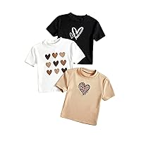 Girl's 3 Pack Crew Neck Short Sleeve Knitted Graphic Tees Cute Summer Tshirt Tops