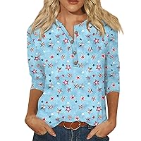 Fourth of July Shirts for Women 3/4 Sleeve Party Flag Star Printed Mid-Length V-Neck Button Casual Loose Fit Tops