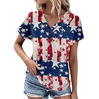4Th of July Tops for Women Sexy V Neck Short Sleeve Shirts Patriotic Stars and Striped Graphic Tees Button Down Blouses