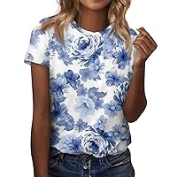 2024 Summer Tops for Women, Women's Workout Holiday Shirts Fashion Slim Fit Print Short Sleeves Round Neck Tees Blouse