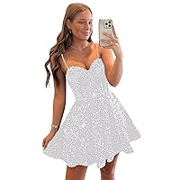 Basgute Sparkly Sequin Short Homecoming Dresses for Teens 2023 A Line Spaghetti Strap Formal Prom Cocktail Party Gown