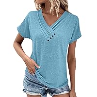 Womens Henley,Womens Tops Summer Button Solid Color Ruched Short Sleeve Loose Shirts Basic Dressy Blouse Ladies 2024 Outfits Womens Tops Casual