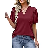OFEEFAN Women's Pleated Puff Sleeve Tops Summer V Neck Tunic Shirts Loose Curved Hem Blouses Dressy Casual S-3XL