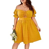Women's Dress Dresses for Women Plus Off Shoulder Drawstring Front Puff Sleeve Dress (Color : Yellow, Size : X-Large)