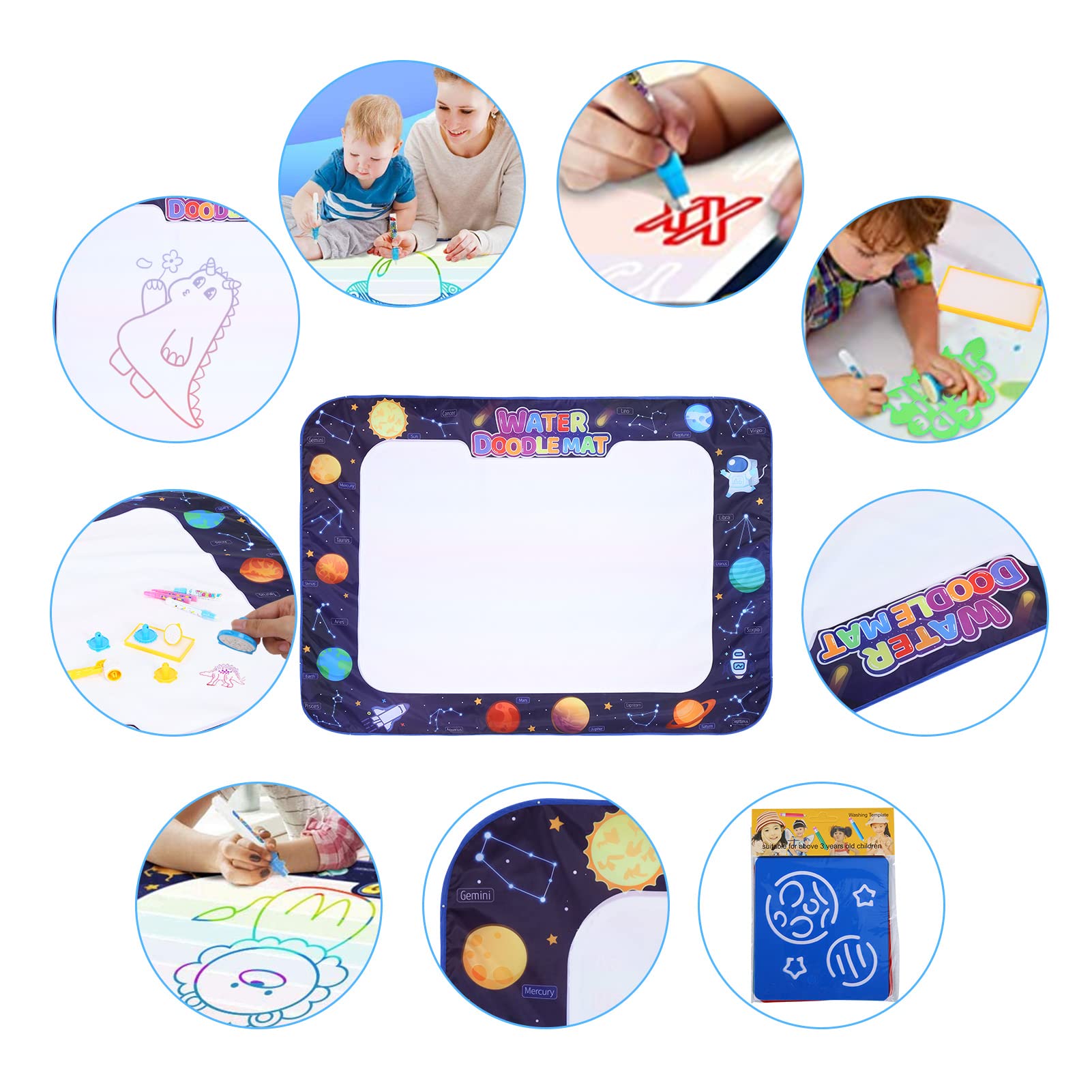 Water Doodle Mat - 60 x 45 Inches Extra Large Aqua Magic Doodle Drawing Mat, Educational Toys Gifts for Kids Toddlers Age 2 3 4 5 6 7 8 Year Old Boys Girls, Planets and Space Theme