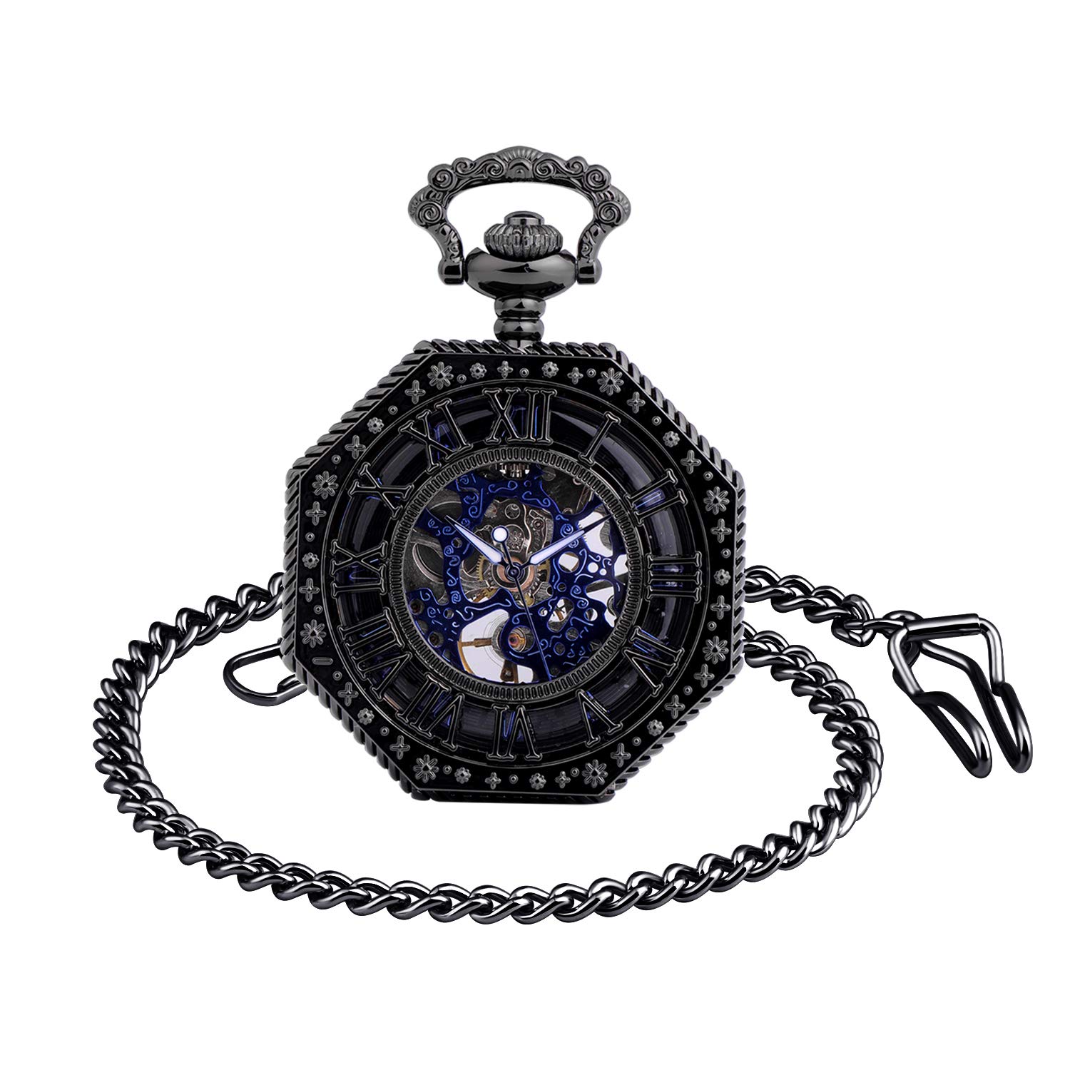 Unendlich U Mens Mechanical Pocket Watch, Vintage Roman Numerals Dial Octagonal Stainless Steel Bronze Case Pocket Watch for Men Women