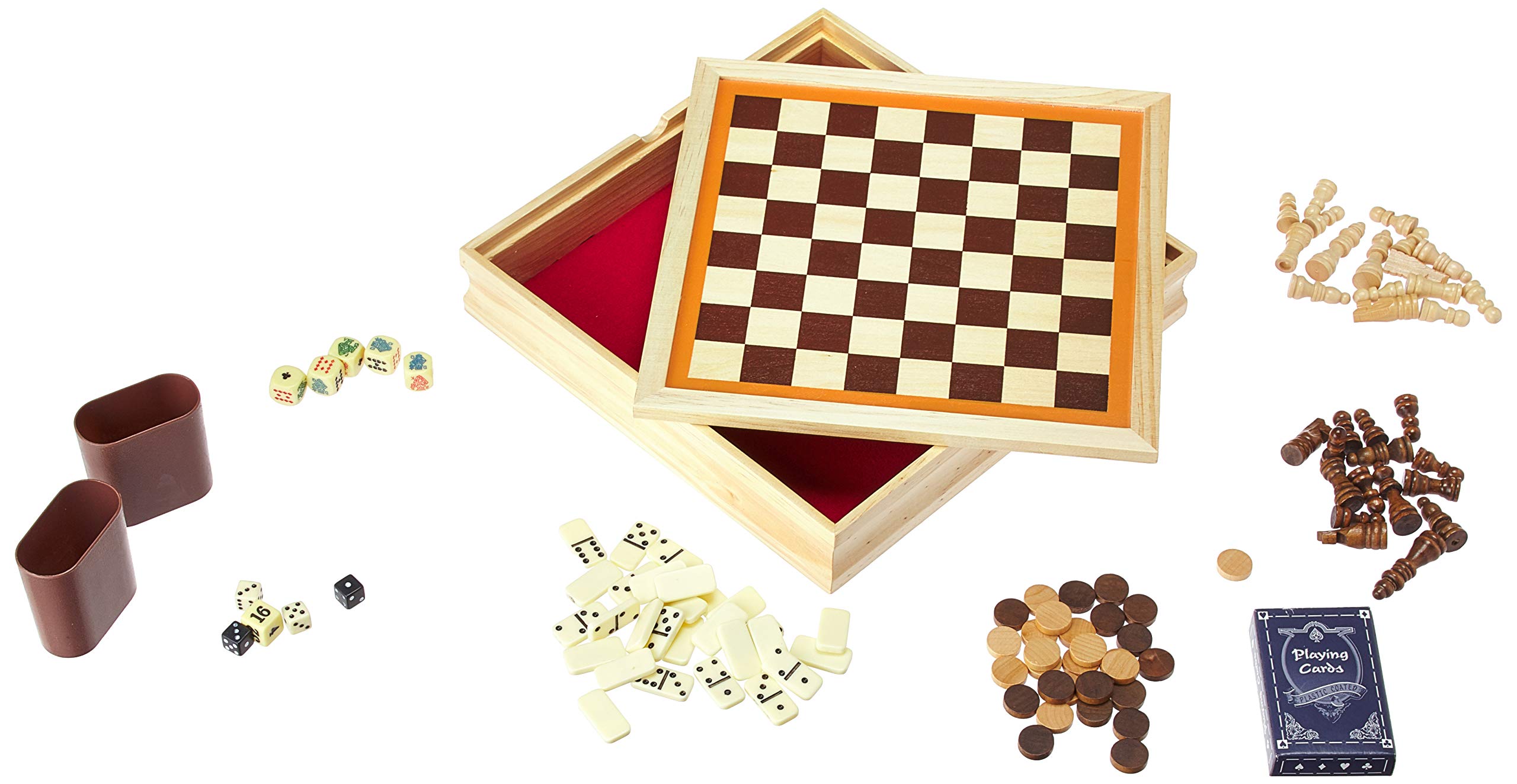 GREAT 6 - IN - 1 GAME SET: Chess, Checkers, Backgammon, Poker Dice, Dominoes, and Playing Cards!