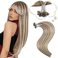 Moresoo Blonde Human Hair Utip Hair Extensions Golden Brown Mixed With Platinum Blonde Highlight Pre Bonded Fusion Utip Hair Extensions Thick Nail Tips Extensions 18In 50G/50S #9A/60