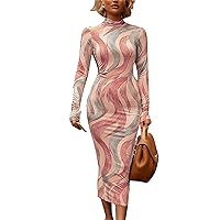 Women Sexy Long Sleeve Turtleneck Bodycon Slim Sheath Long Midi Pencil Dress Floral Stripe Tie Print Dresses
