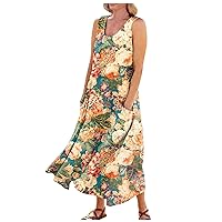 Boho Maxi Dresses for Women 2024 Casual Beach Flowy Sundress Floral Sleeveless Crew Neck Long Dress Fashion Vacation