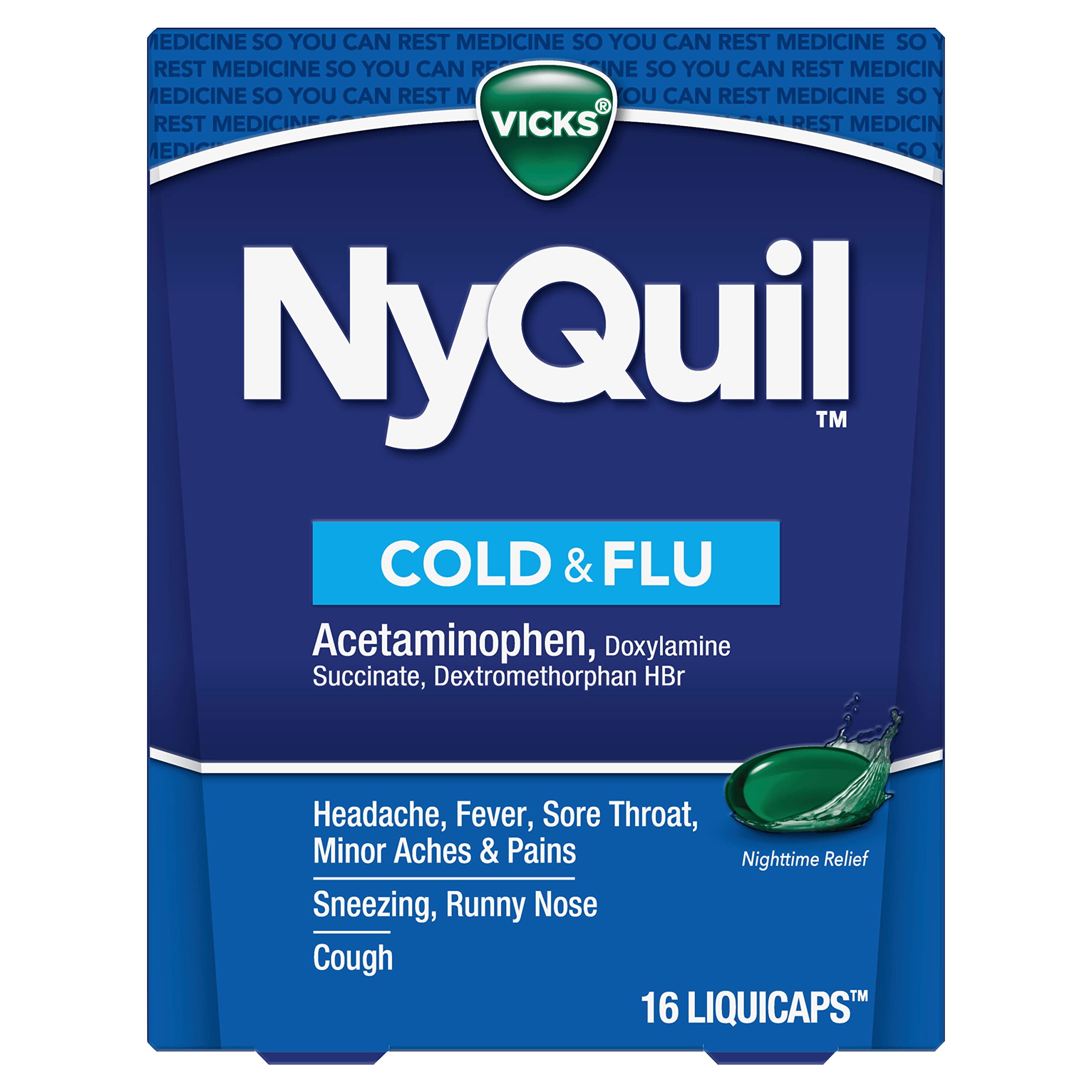 Vicks Nyquil Cold and Flu Nighttime Relief Liquid Capsules, 16 Count (Pack of 2)