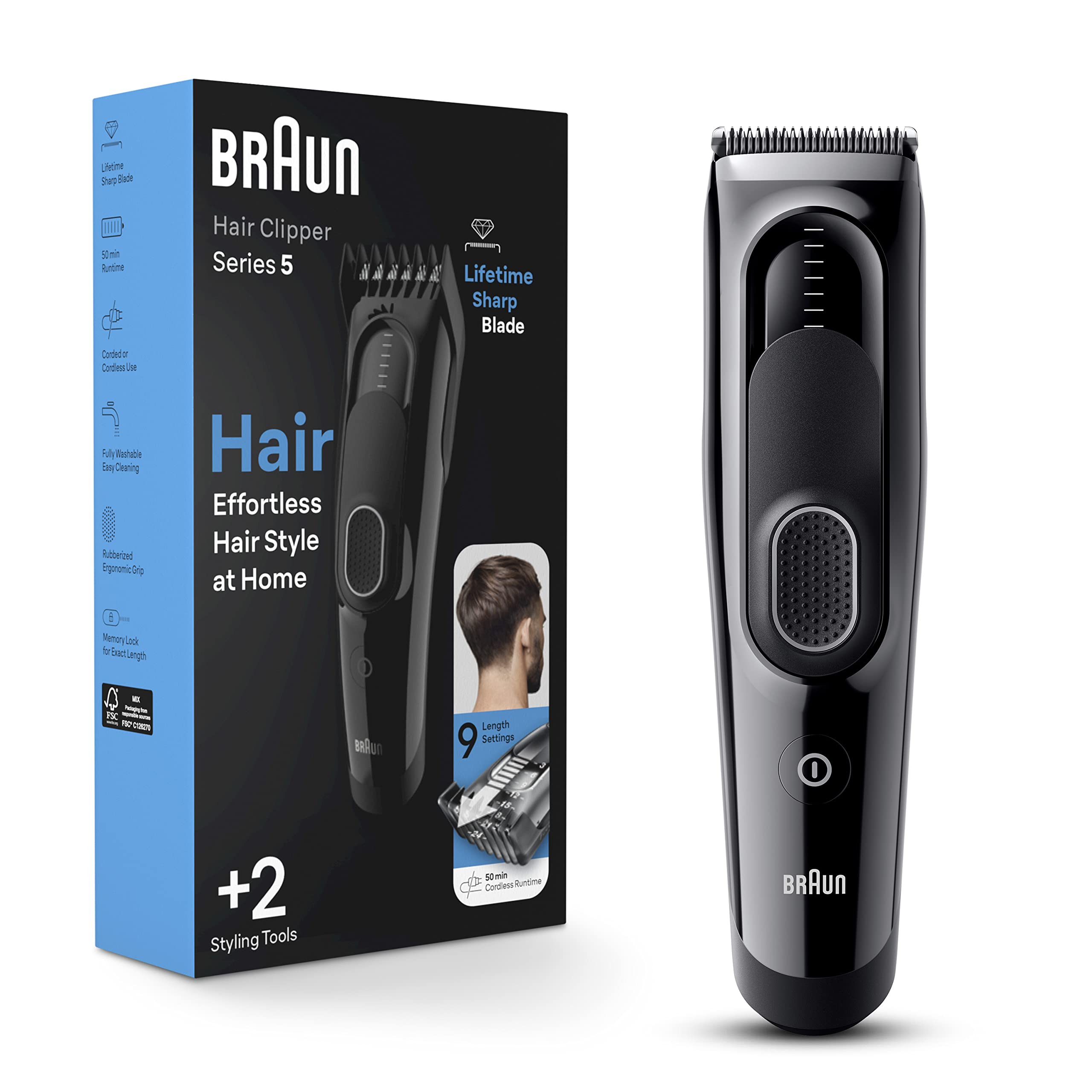 Braun Hair Clippers Series 5 5310, Hair Clippers for Men, Hair Clip from Home with 9 Length Settings, Incl. Memory SafetyLock Recall Setting, Ultra-Sharp Blades, 2 Combs,
