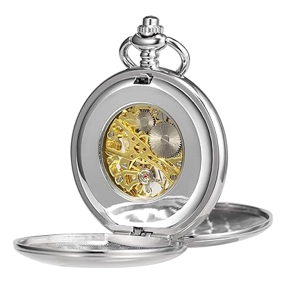 TREEWETO Pocket Watch Classic Smooth Double Case Mechanical Silver Pocket Watches Steampunk Roman Numerals Fob Watch for Men Women with Chain