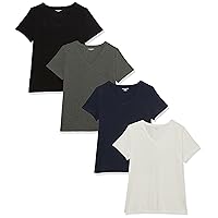 Amazon Essentials Women's Classic-Fit Short-Sleeve V-Neck T-Shirt, Pack of 4, White/Charcoal Heather/Navy, Large