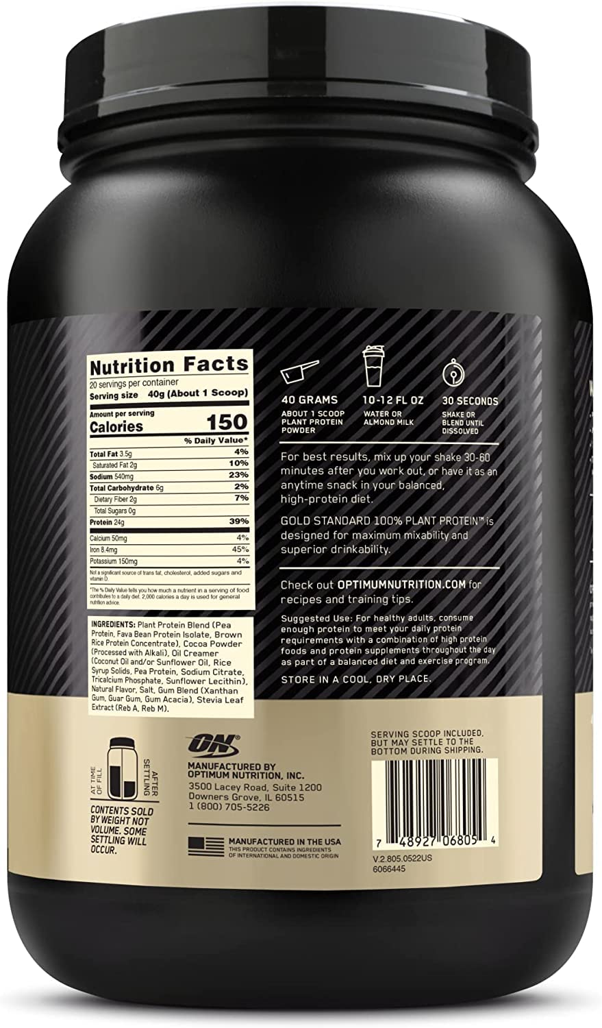 Optimum Nutrition Gold Standard 100% Plant Based Protein Powder, Gluten Free, Vegan Protein for Muscle Support and Recovery with Amino Acids - Rich Chocolate Fudge, 20 Servings