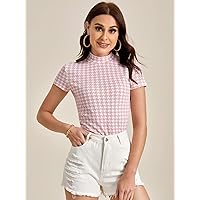 Women's Tops Sexy Tops for Women Shirts Mock Neck Houndstooth Print Tee Shirts for Women (Size : Large)