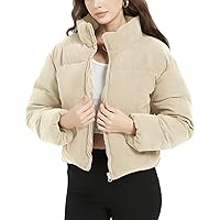 Flygo Womens Cropped Corduroy Puffer Jacket Winter Jackets Warm Long Sleeve Zip Quilted Down Puffer coat