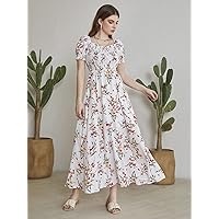 Dresses for Women - Floral Square Neck Shirred -line Dress (Color : Multicolor, Size : Small)