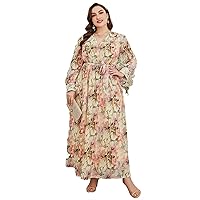 Womens Plus Size Dresses Summer Allover Floral Print Surplice Neck Wrap Belted Maxi Dress