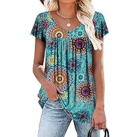 ROSELINLIN Womens Ruffle Sleeve Summer Tunic Tops V Neck Loose Fit Short Sleeve T Shirts