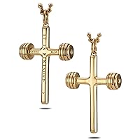 Shields of Strength Men's 14K Gold Plated and Stainless Steel Fitness Gym Dumbbell Cross Pendant Necklace Inscribed with John 19:30 Bible Verse - Christian Gifts