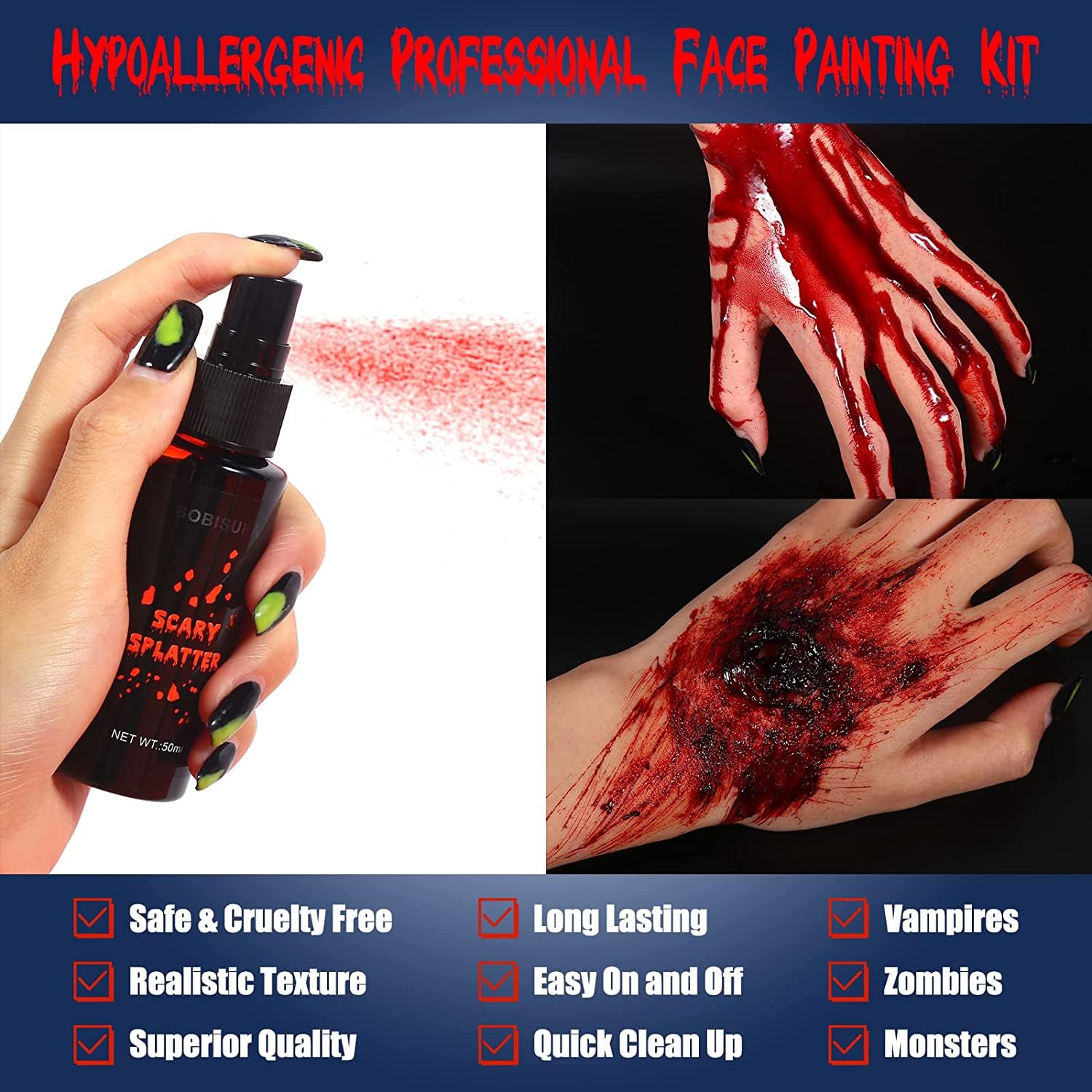 BOBISUKA 3PCS Halloween Fake Blood Makeup Kit - Coagulated Blood 1.41oz + Fake Blood Spray 1.76oz + Dripping Blood 1.76oz, Realistic Washable Special Effects SFX Makeup Set, for Zombie Vampire Monster Cosplay Mouth Clothes Dress Up