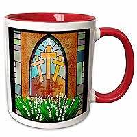 3D Rose A Colorful Stained Glass Window of The Cross of Jesus at Easter Two Tone Ceramic Mug, Red