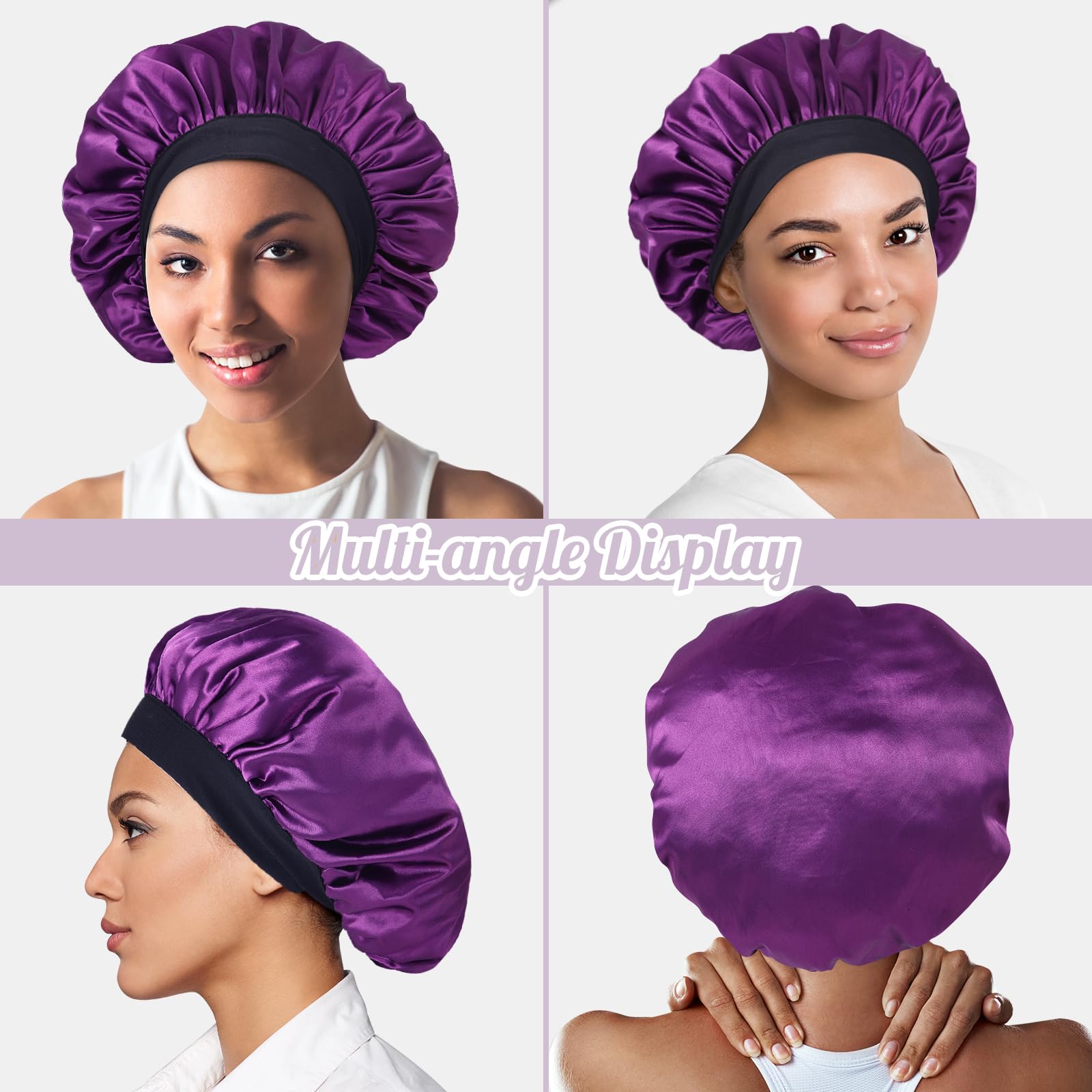 Hafree Bonnet, Adjustable Silk Satin Sleep Cap Hair Wrap for Women Men with Scrunchies Double Layer Lined Bonnets for Curly Braid Hair (Dark Purple)