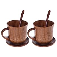 TXIN 2 Sets Wooden Mugs Vintage Teacups Coffee Espresso Cups Handmade Wood Drinking Cups with 2 Saucer and 2 Spoon for Coffee Tea Beer Water Juice Milk, 13.5oz/ 400ml