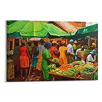 Caribbean Folk Art Poster Caribbean Market Selling Fruits West Indies Market Night Scene Painting Art Poster (3) Canvas Poster Bedroom Decor Office Room Decor Gift Frame-style 36x24inch(90x60cm)