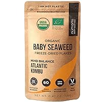 Organic Kombu Kelp Flakes - Young Baby Seaweed Grown in North Atlantic, Premium Quality Freeze-Dried for higher vitamin content. Soft Texture & Mild Taste. ½ tsp for daily vitamins. 60 Servings