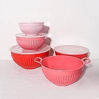 Mixing Bowl Set (5 Pieces + 4 Lids) | Nested Melamine | 7, 8, 10, 11” Bowls & 9” Colander | Cooking, Mixing, Baking, Prepping, Stirring, Serving | Space-Efficient Storage | Design & Color (Pink)