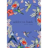 Address Book with A-Z Index: A4 Big Contract & Telephone Notebook Organizer | Alphabet Sections | Large Print | Painted Humming Bird Floral Design Blue