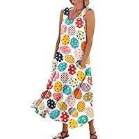 Cheap Gifts for Women Easter Dress for Women 2024 Bunny Print Casual Loose Fit Spaghetti Strap with U Neck Sleeveless Flowy Dresses Orange Large