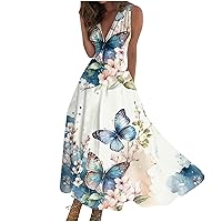 Spring Dresses for Women 2024 Sleeveless V-Neck Butterfly Print Floral Maxi Dress Sexy Elegant Flowy Long Dresses