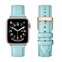 OMIU Square Bands Compatible with Apple Watch Band 38mm 40mm 41mm 42mm 44mm 45mm 49mm, Genuine Leather Wristband Starp for iWatch SE Series 9 8 7 6 5 4 3 2 1 Ultra for Women Men(Light Blue/Rose Gold)