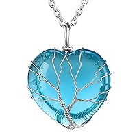 FOCALOOK Tree of Life Wire Wrapped Natural Healing Crystal Necklaces 12 Month Birthstone Pendant for Women, Crescent/Heart Gemstone Jewelry, Vintage Quartz Reiki Spiritual Energy Gift