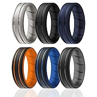 ROQ Silicone Rubber Wedding Ring for Men, Comfort Fit, Men's Wedding Band, 8mm Wide 2mm Thick, 2 Thin Lines Beveled Edge Duo, 6 Pack, Silver, Black, Dark Blue, Orange, Light Blue, Grey, Size 10