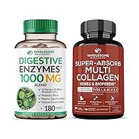 Wholesome Wellness Digestive Enzymes 1000MG Plus Prebiotics & Probiotics Supplement + Super-Absorb Multi Collagen Pills (Type I II III V X) Organic Herbs and Bioperine Bundle